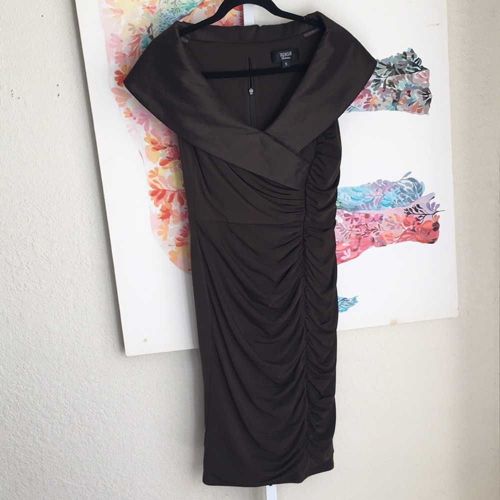 Tadashi Collection Brown Ruched Off-Shoulder Midi Dress